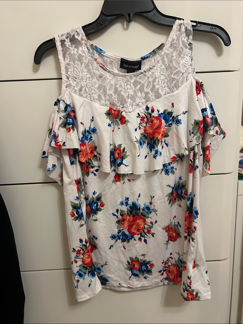 Joe Boxer White Cold-Shoulder Lace Floral Top